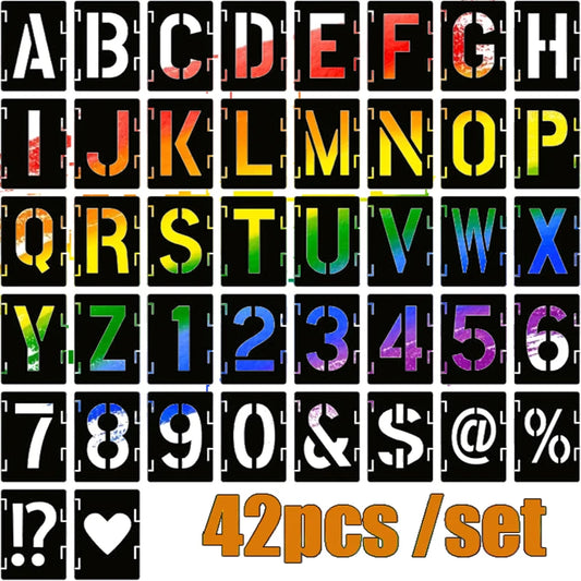 42 pieces of letter hollow templates, reusable artistic fonts, coloring, spray painting. Suitable for walls, wood, rock fabri