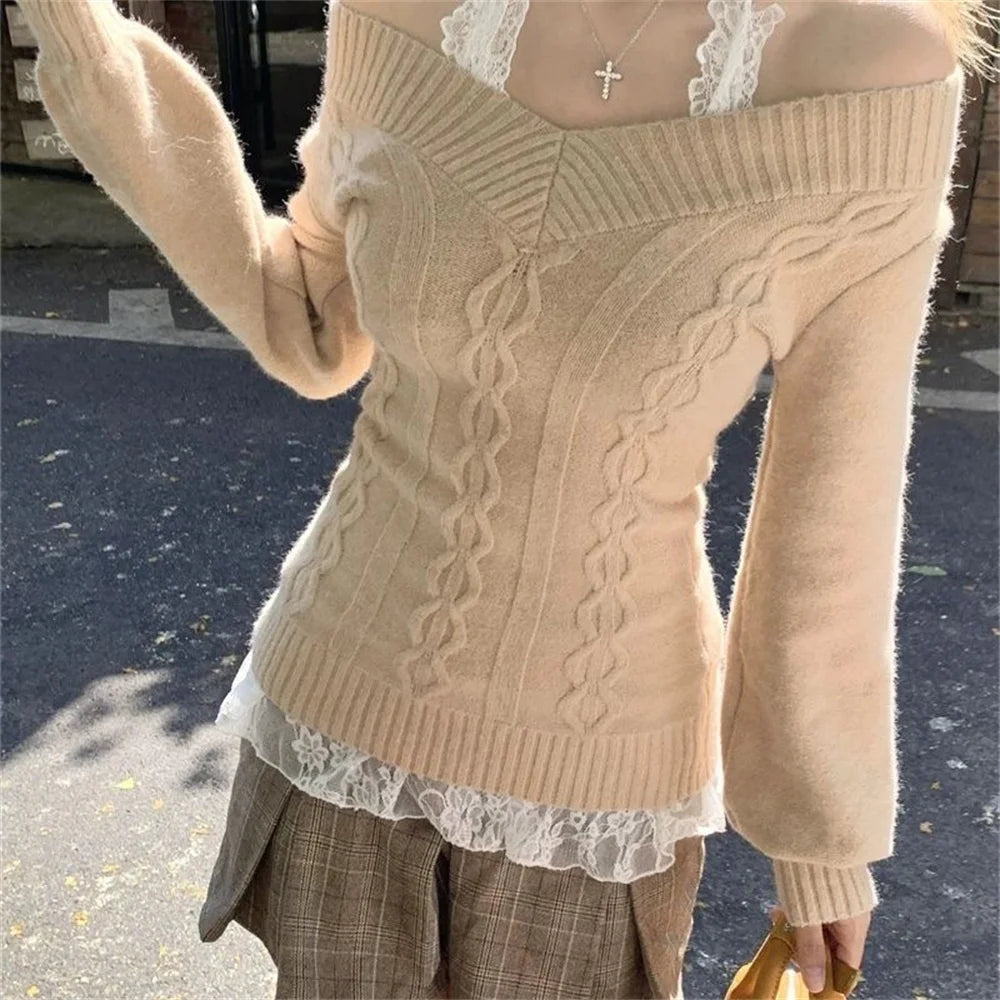 Fashion Vintage V-neck Knitted Tops Women 2025 Early Autumn New Sweaters Pullover Slim Long Sleeve Pullovers Sexy Gray Sweate
