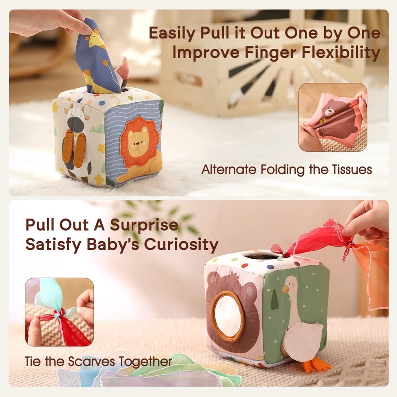 Montessori Cloths Toys Magic Cotton Animal Tissue Box Kids Finger Exercise Cloth Busy Box Toys Baby Educational Activity Sens