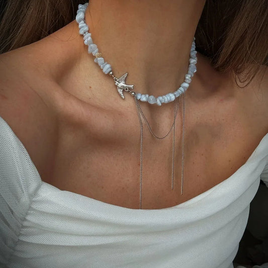 Elegant Multilayer Tassel Chain Pendant Necklace For Women Vintage Creative Natural Blue Stone Chocker Necklace Wedding Jewel