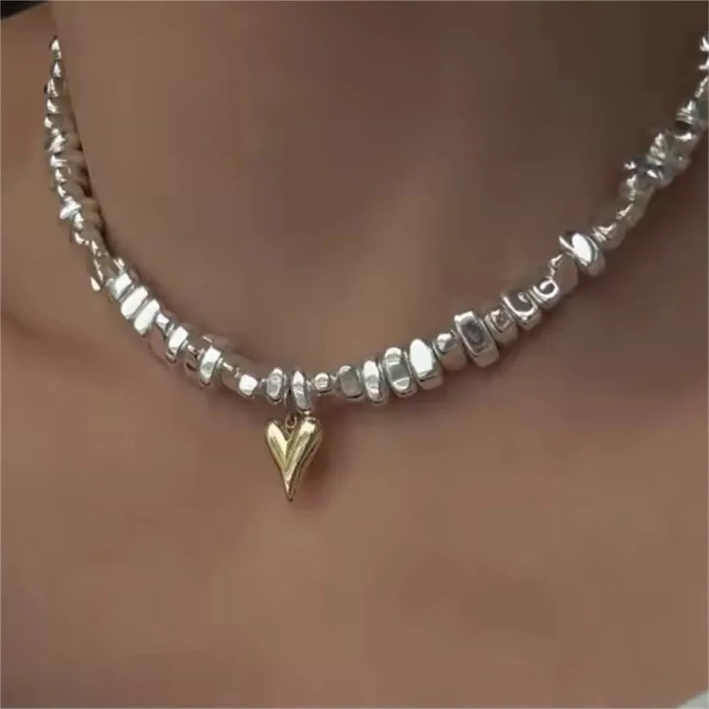 Fashion Vintage Silver Color Geometric Bead Chain Necklace For Women Female Boho Tassel Heart Pendant Jewelry - NES-25919-7