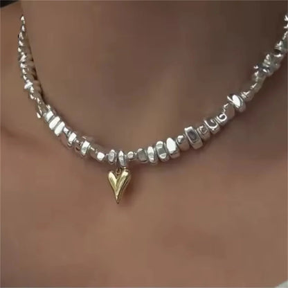 Fashion Vintage Silver Color Geometric Bead Chain Necklace For Women Female Boho Tassel Heart Pendant Jewelry