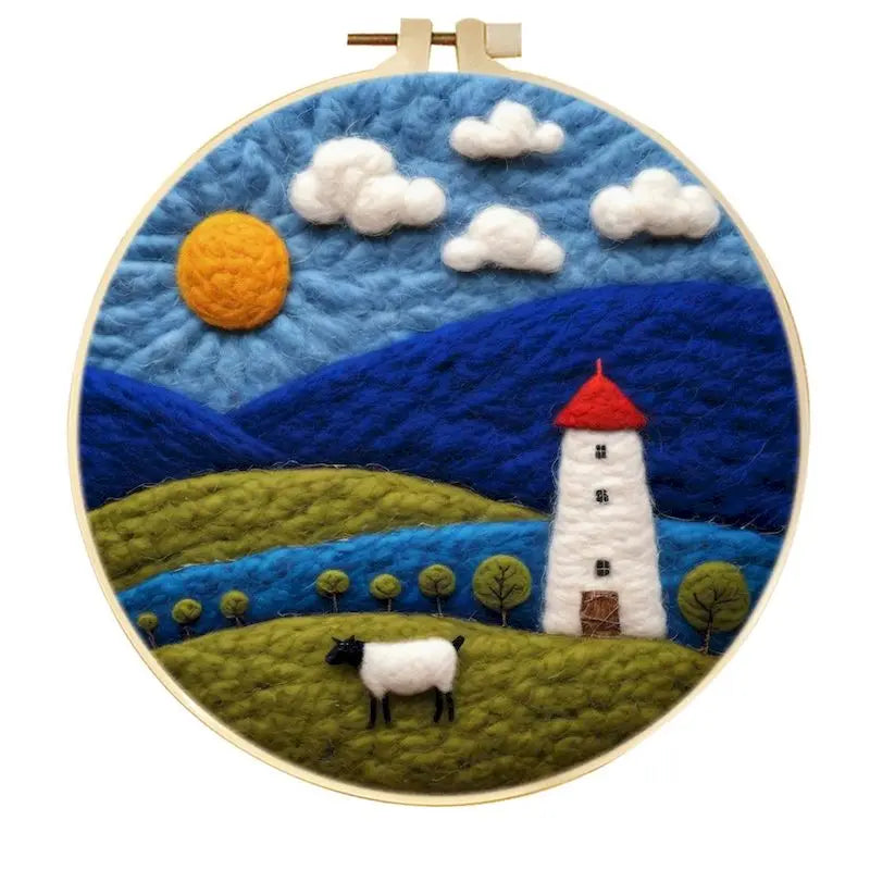 PhotoCustom Diy Felting Kit Wool Felting Painting With Complete Kit House Landscape Wool Needle Felt Picture Kit Felt Craft N