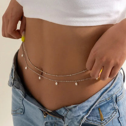 New Fashion Sexy Double Layer Pearl Chain for Women Waist Bead Belly Chain Belly Belt Summer Beach Body Jewelry Festival Gift
