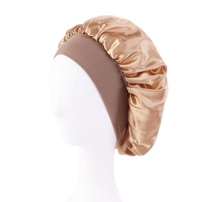 Women's Satin Solid Bonnets Wide-brimmed Night Sleeping Bathing Hat Unisex Head Wrap Elastic Band Cap Hair Care Bonnet - gold
