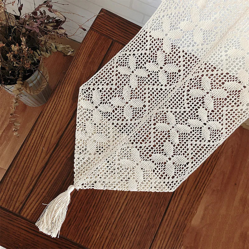 Table Runner Beige Christmas Crochet Lace Cotton Blended Fabric with Tassel For Coffee Table Decor Wedding Decoration - Table
