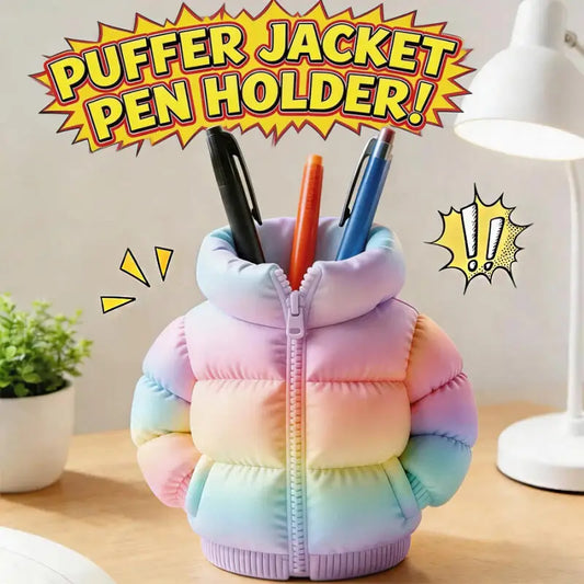 3D Puffer Jacket Shape Pen Holders,Cute Creative Stand-Up Storage Pen Pouch for Desk & Office