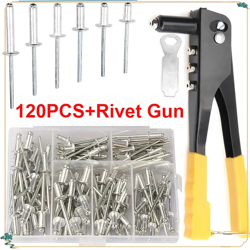 Heavy Duty Riveter Set Pop Rivet Gun and 120Pcs Blind Rivets Assortment Kit Hand Tools Rivet Nut Tool - 120PCS With Tool