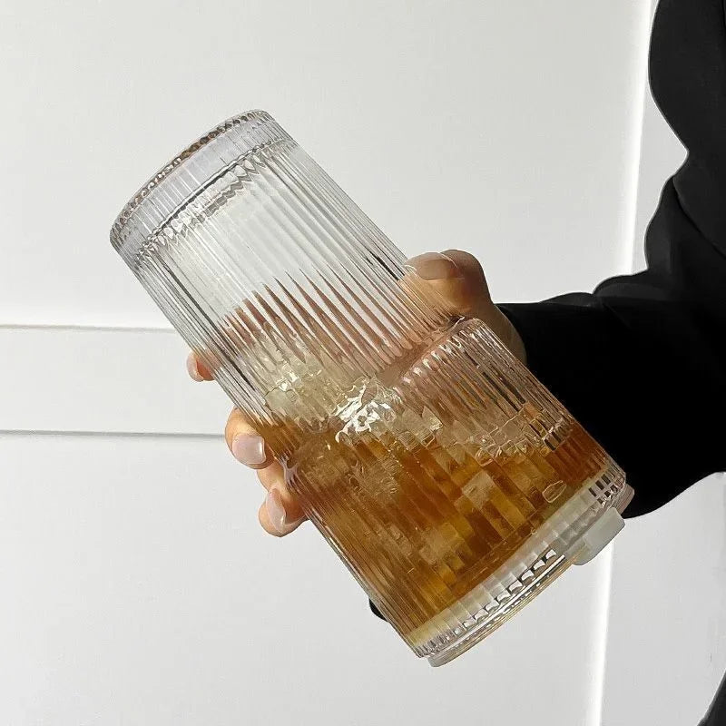 600ML Stripe Glass Coffee Cup with Lid and Straw Transparent Drinking Glasses for Juice Milk Tea Cups Iced Coffee Mugs Drinkw