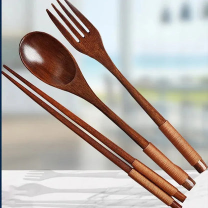 1pc Wooden Chopsticks Fork Spoon Three-piece Set Twine Japanese-style Tableware Kitchen Home Chopsticks Fork Spoon Cutlery Se