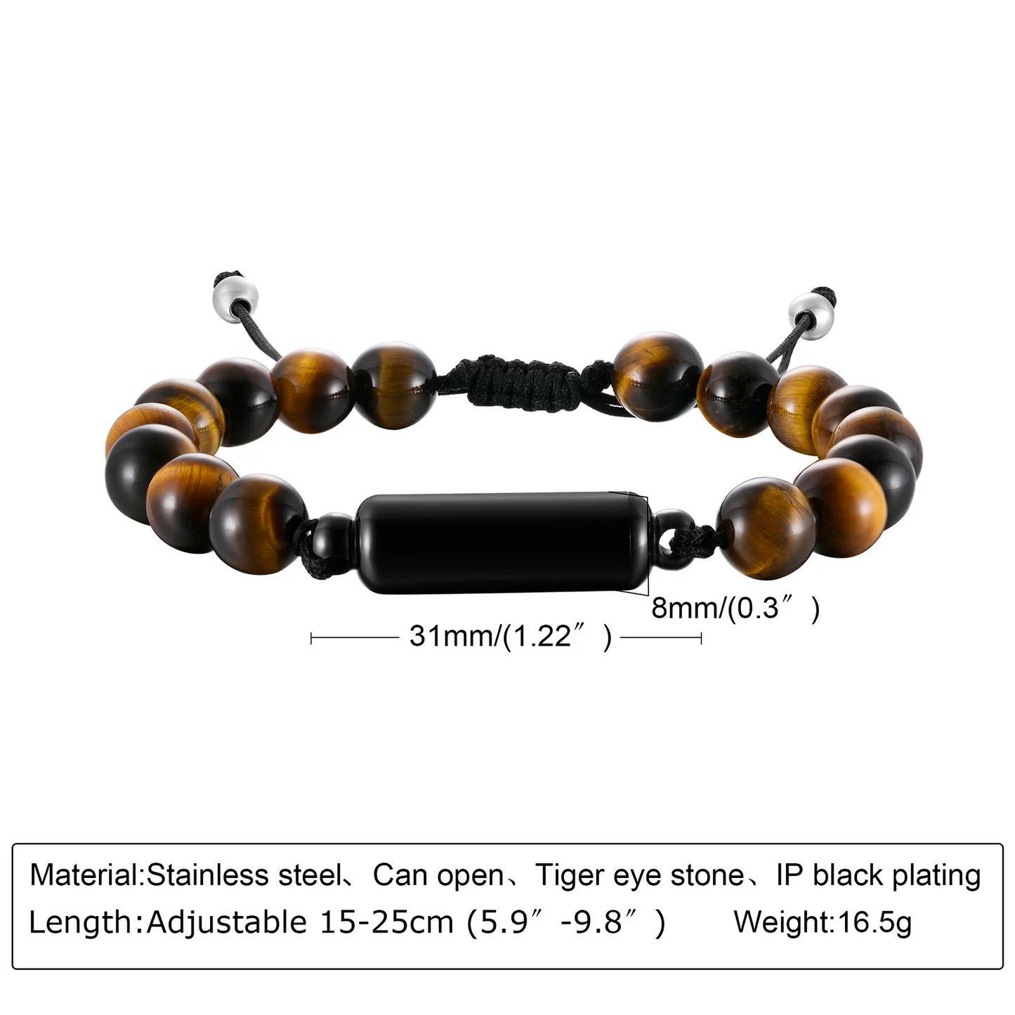 Cremation Urn Man Bracelets Adjustable Tiger Eye Beads Chain Wristband Pet Family Papa Ashes Holder Stainless Steel Jewelry