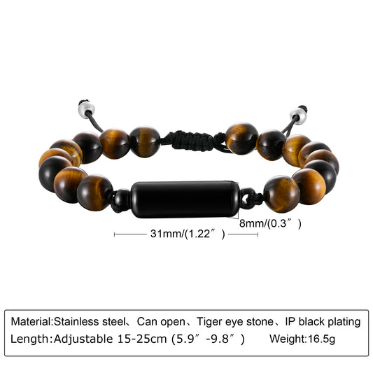 Cremation Urn Man Bracelets Adjustable Tiger Eye Beads Chain Wristband Pet Family Papa Ashes Holder Stainless Steel Jewelry