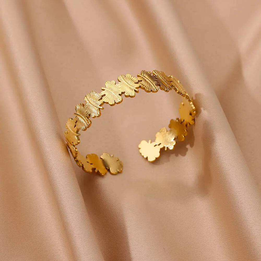 Vintage Flower Bangles For Women Gold Color Stainless Steel Flower Bangles Bracelets Femme Jewelry Party Gift pulseras - B165