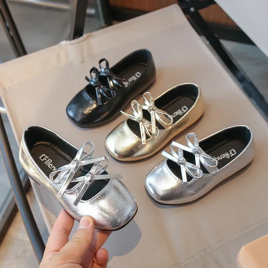 Kids Square Dance Performance Shoes Black Solid Color Girls Princess Shoe with Double Bow 2024 New Girls Leather Shoes Soft S