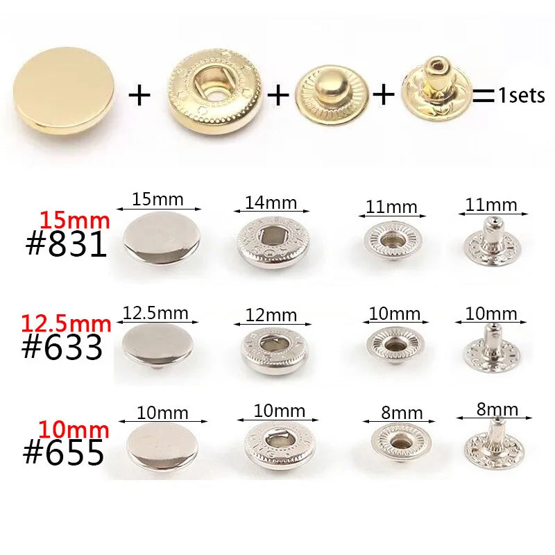 50Sets Leather Snap Fasteners Kit 10mm 12mm 15mm Metal Button Snaps Press Studs 4 Install Tools Leather Snaps For DIY Clothes