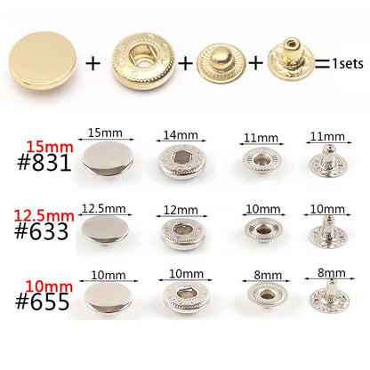 50Sets Leather Snap Fasteners Kit 10mm 12mm 15mm Metal Button Snaps Press Studs 4 Install Tools Leather Snaps For DIY Clothes