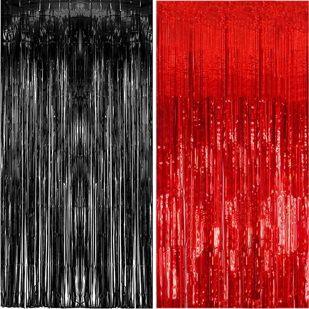 2Packs 1x2m Red Black Foil Curtain Backdrop Black Red Tinsel Party Streamer Curtains Wedding Bridal Shower Birthday Decoratio