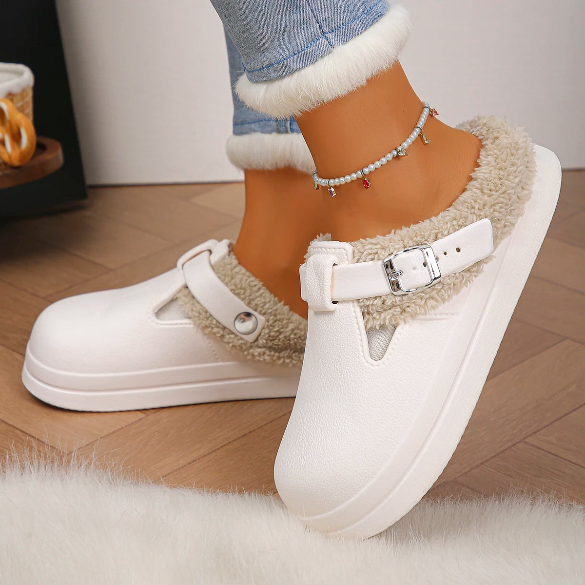 Waterproof Eva Furry Mules Slippers Women 2025 Winter Metal Buckle Warm Plush Slippers Soft Thick Bottom Non Slip Indoor Slid