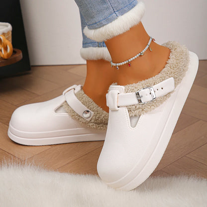 Waterproof Eva Furry Mules Slippers Women 2025 Winter Metal Buckle Warm Plush Slippers Soft Thick Bottom Non Slip Indoor Slid