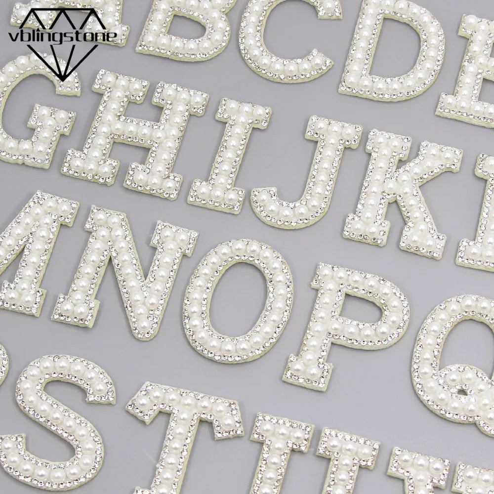 26 English Letters Pearl Rhinestone Patches For Clothes A-Z Alphabet Pearl Rhinestones Applique Sew On/Glue On Patches DIY Na