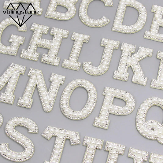 26 English Letters Pearl Rhinestone Patches For Clothes A-Z Alphabet Pearl Rhinestones Applique Sew On/Glue On Patches DIY Na