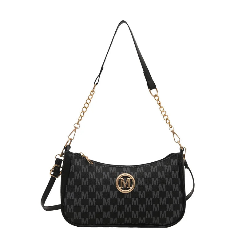 Vintage Style Handbag Crossbody Bag, Gold Letter 'M' Design Pu Leather Shoulder Messenger Bag, Synthetic Leather Tote Bag, Pu