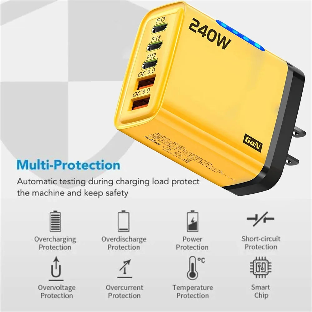 240W GaN USB C Charger 5 in 1 Fast Charging Phone Charger Power Adapter For iPhone Samsung Xiaomi Type C EU/US Plug Wall Char