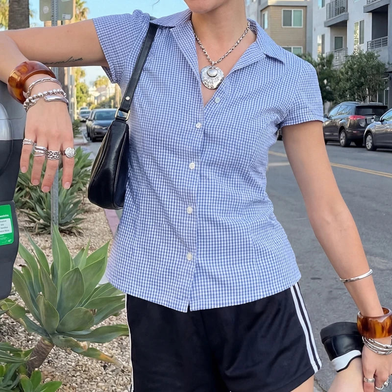Women Short Sleeve Button Down Shirts Vintage Stripe Print Slim Fitted Cropped Collared Blouse Elegant Lady Business Shirts -