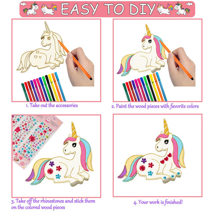 386Pcs Unicorn Wood Craft Set with 18Pcs Unicorn Wood, 354 Rhinestones, 12 Colored Pencils, 2 Stickers, Boys/Girls DIY Crafts