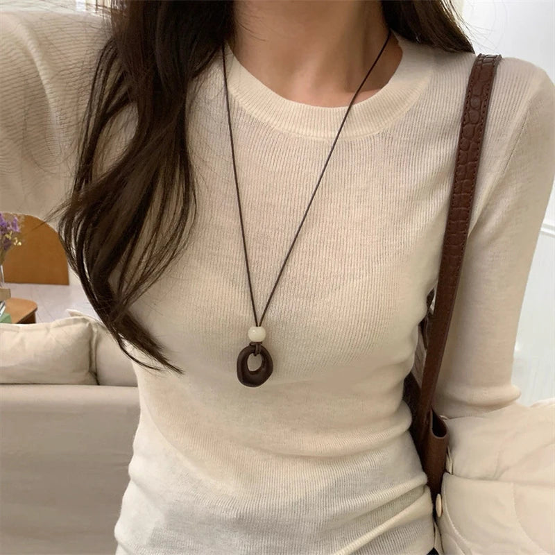 Fashion Vintage Resin Irregular Hollow Circular Geometric Pendant Long Sweater Chain Necklace For Women Charms Jewelry