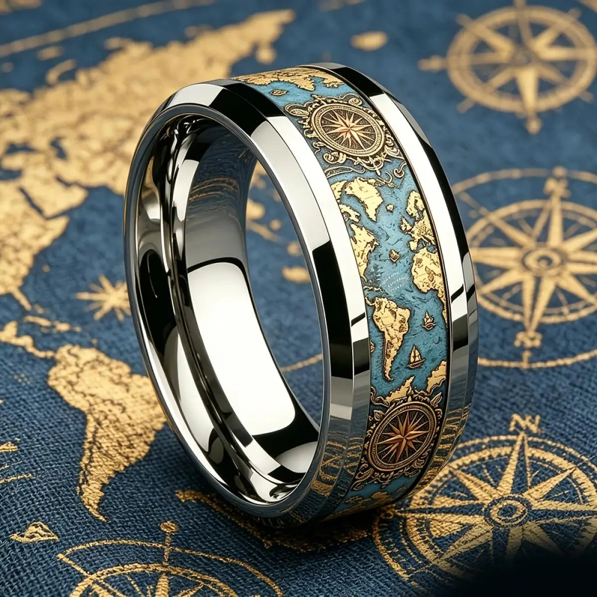 Vintage World Map Compass Ring Retro Ocean Theme Men Stainless Steel Ring High Polished Nautical Traveler Jewelry Gift for Hi