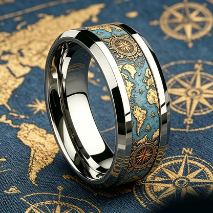 Vintage World Map Compass Ring Retro Ocean Theme Men Stainless Steel Ring High Polished Nautical Traveler Jewelry Gift for Hi