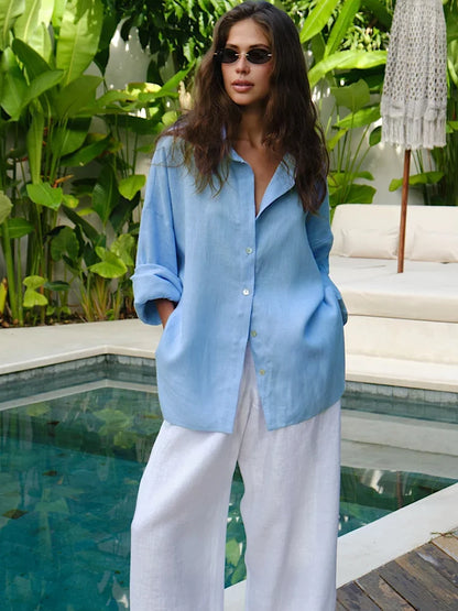White Women's Linen Shirt Long Sleeve Elegant Pink Oversize Blouse Vintage Spring Basic Top Collar Cotton Linen Shirt for Wom