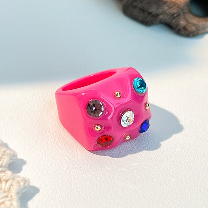 2022 New Sweet Multicolor Resin Oil Drip Ring for Women Geometric Oval Flowers Beads Rhinestones Ring Cute Jewelry HangZhi - 