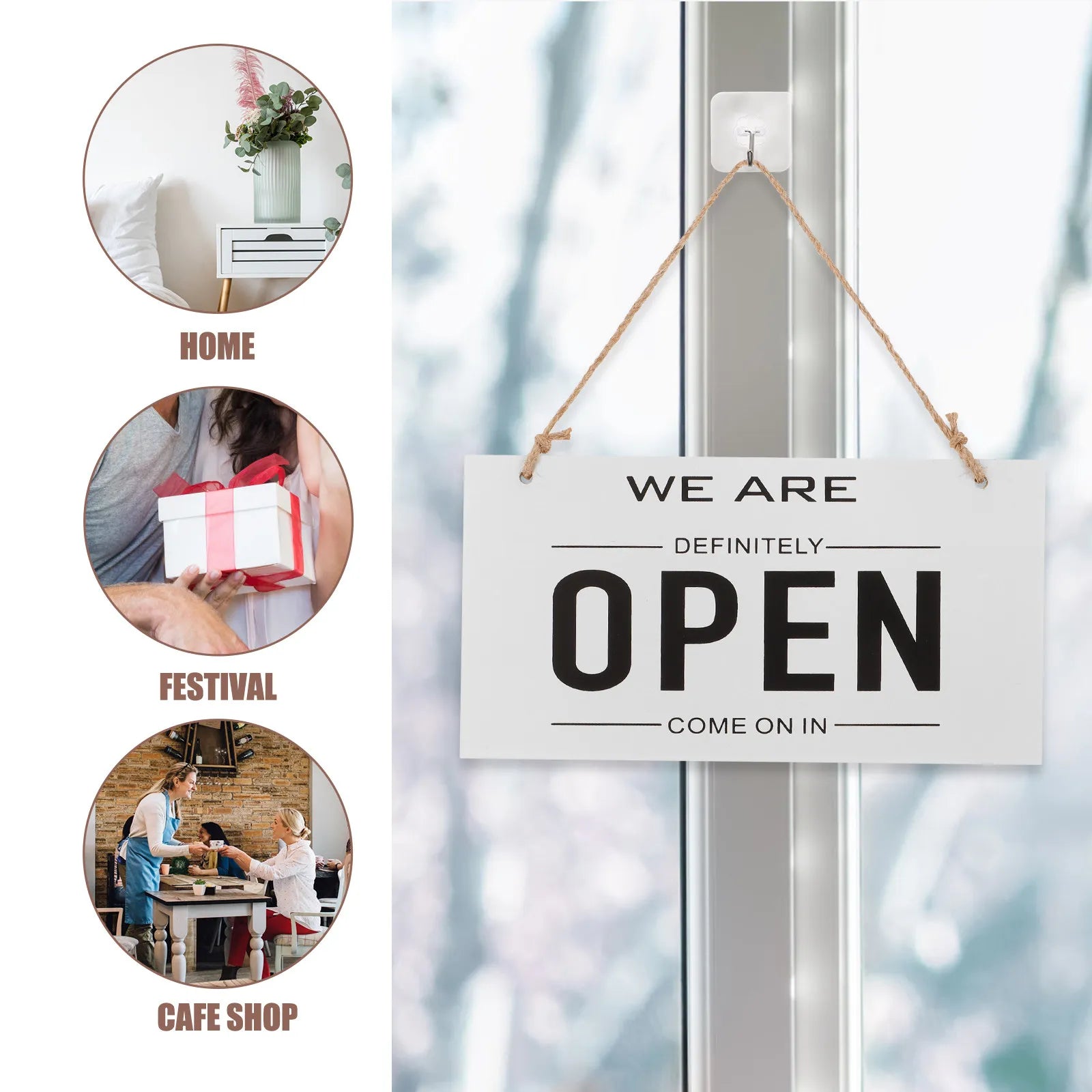 Double-Sided Wooden Store Sign White Simple Design Open Closed Sign for Door Hanging Rustic Decor