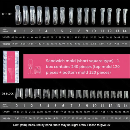 Dual-Form Nail Forms, 240 Pieces, Base and Top Molds, Nail Molds, Can Quickly Extend Nails, No Paper Form Needed, 15 Sizes Pl