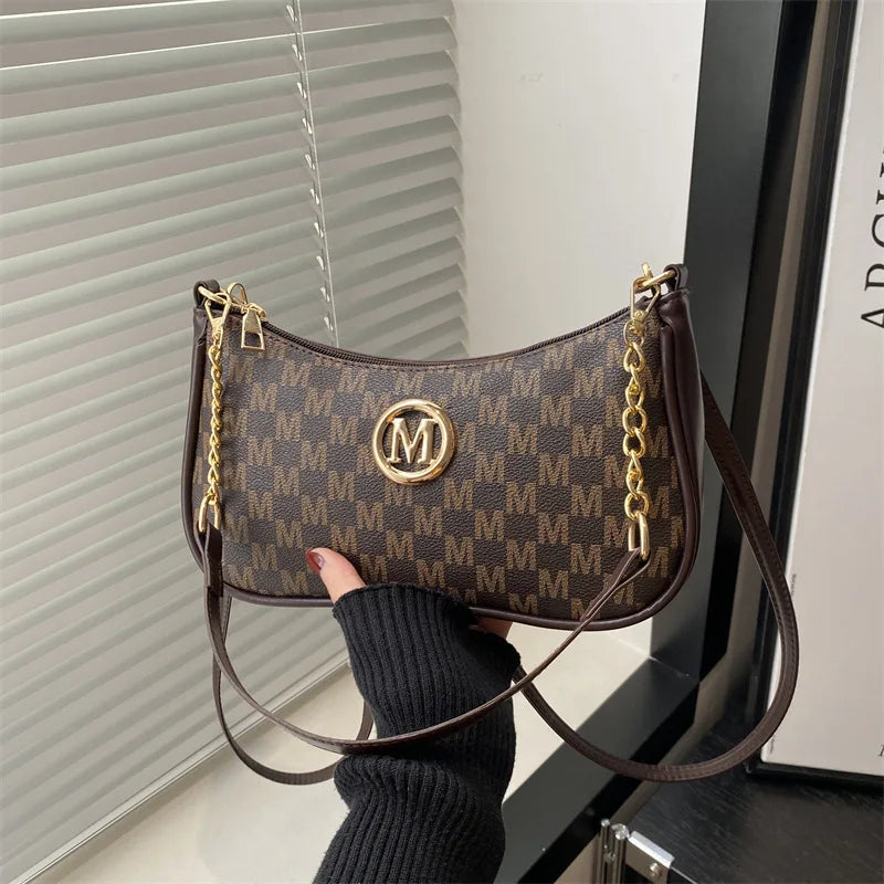 Vintage Style Handbag Crossbody Bag, Gold Letter 'M' Design Pu Leather Shoulder Messenger Bag, Synthetic Leather Tote Bag, Pu