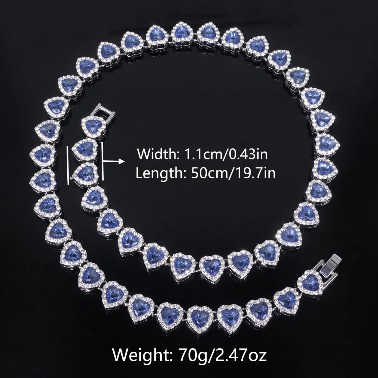 ZAKOL 45CM New Hip Hop Tennis Chain Bracelet Necklace Shiny Heart Rhinestone CZ Fashion Rock Party Jewelry Set - Blue 45cm