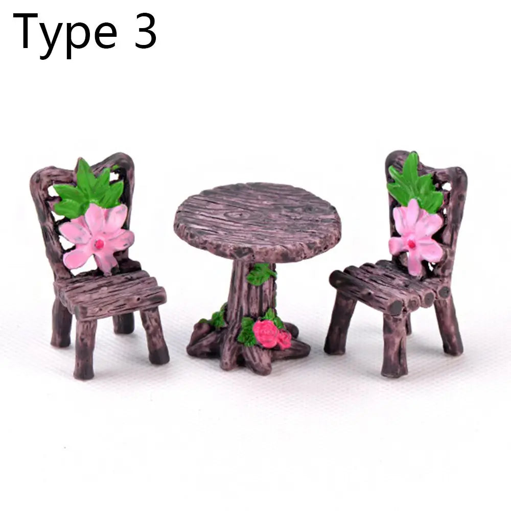 3pcs Table Chairs Miniature Set Mini Fairy Garden Furniture Ornaments Kit for Dollhouse Accessories Home Micro Landscape - Ty