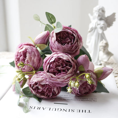 1pcs/30cm Rose Pink Silk Bouquet Peony Artificial Flower 5 Big Head 4 Small Bud Bride Wedding Home Decoration Artifi - 24