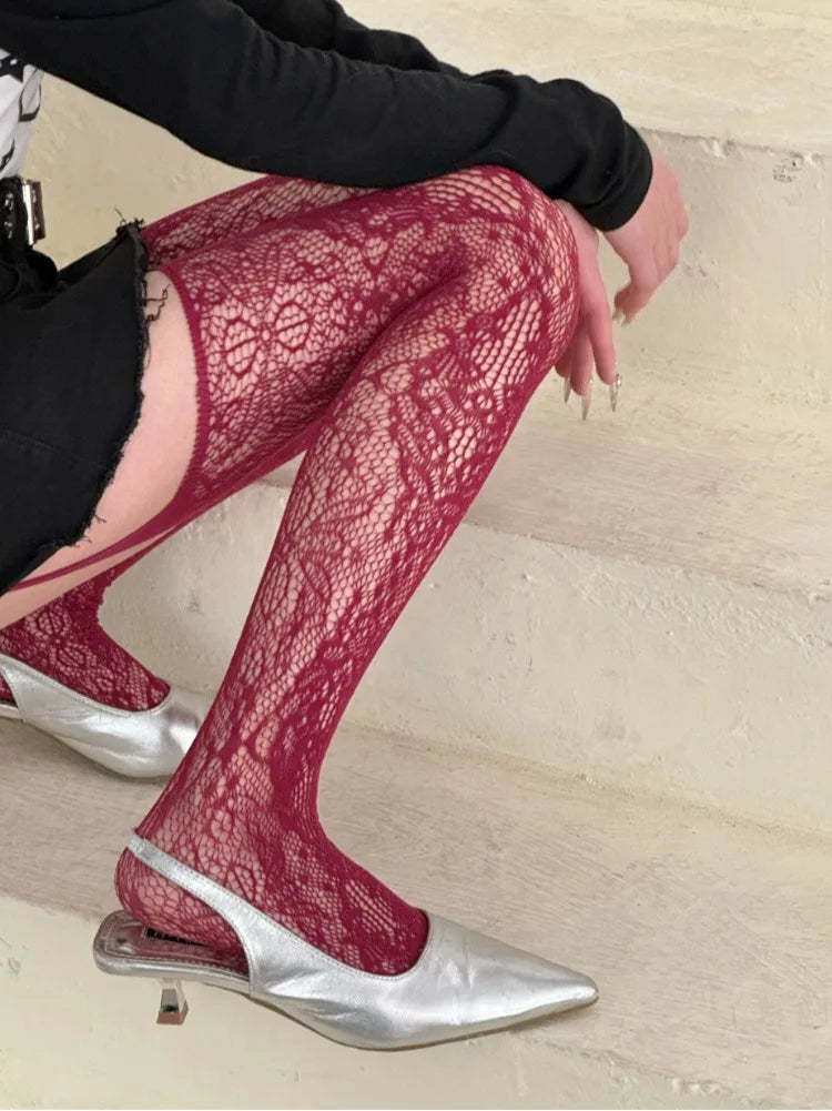 New Floral Pattern Coffee Fishnet Stockings with Suspender Women Sexy Brown Hollow Out Mesh Thigh High Socks Lolita Long Sock