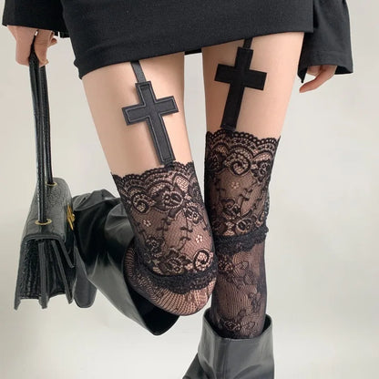 Women's Sexy Lace Floral Fishnet Stockings Costumes JK Lolita Thigh High Socks Nylon Mesh Breathable Over The Knee Stockings