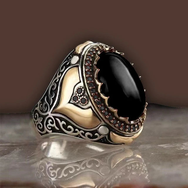 Retro Handmade Turkish Signet Ring for Men Vintage Silver Color Carving Pattern Inlay Green Zircon Party Punk Motor Biker Rin