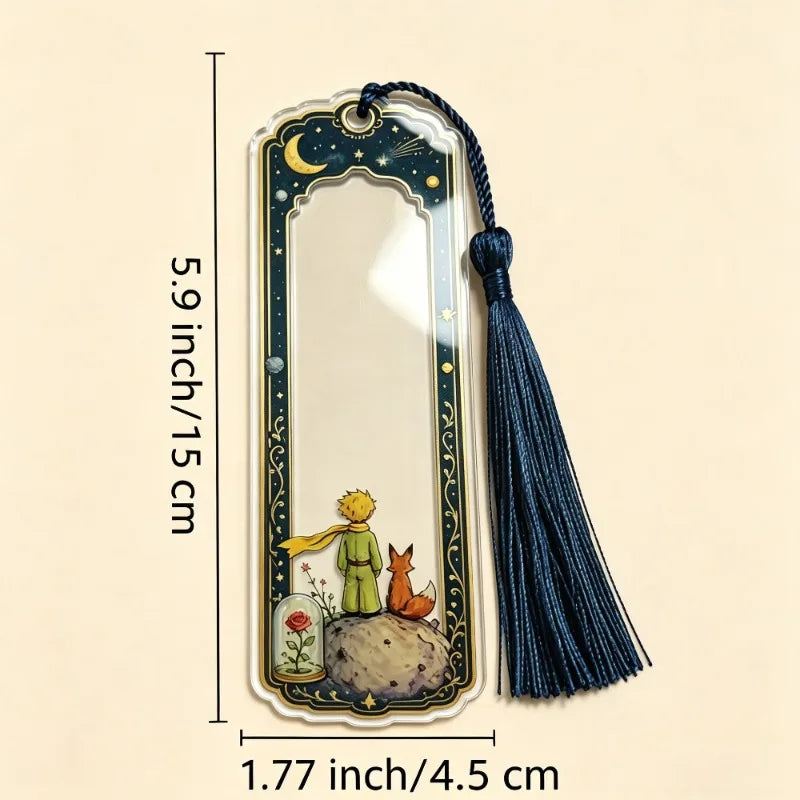 2pcs Vintage Little Prince Acrylic Bookmark, Starry Moon Fox Rose Print Page Marker with Navy Tassel,Reading Accessory Gift