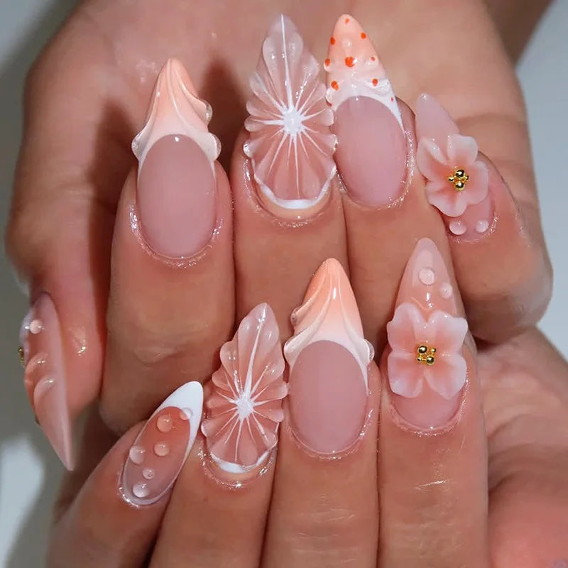24Pcs Short Round Almond Lovely False Nails Full Cover Fresh Cartoon Fruit Pattern Designs Wearing Nails Art French Summer Na