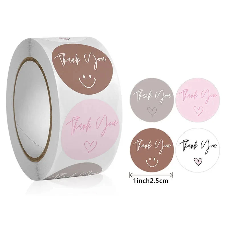 500 Round Heart-Shaped Thank You Stickers/Roll, Cute Pink Heart-Shaped Decorative Labels - Party Favor Seals, Stationery Stic
