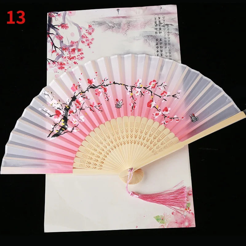 1Pc Vintage Silk Folding Fan Retro Chinese Japanese Bamboo Folding Fan Tassel Dance Hand Fan Home Decoration Ornament Craft G