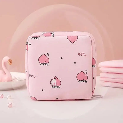 Women Sanitary Napkin Tampon Storage Bag Portable Waterproof Organizer Pouch Cartoon Pattern Sanitary Napkin Bag - Pink Peach