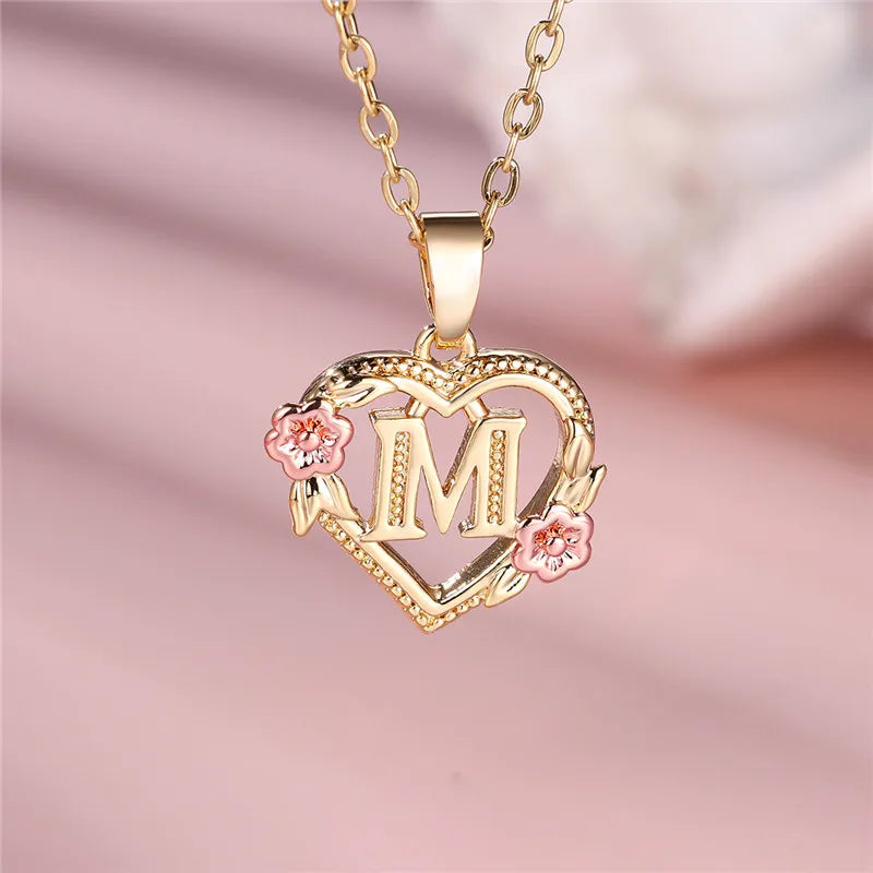 Female A-Z Letter Flower Pendant Necklace Yellow Gold Color Wedding Jewelry Gift For Women - M