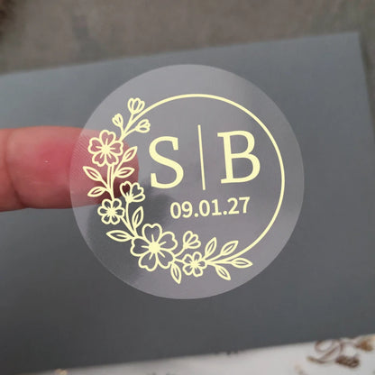 50 X Foiled Wedding Monogram Initials Stickers, Personalised Wedding Favour Labels, Custom Shiny Foil Gold Transparent